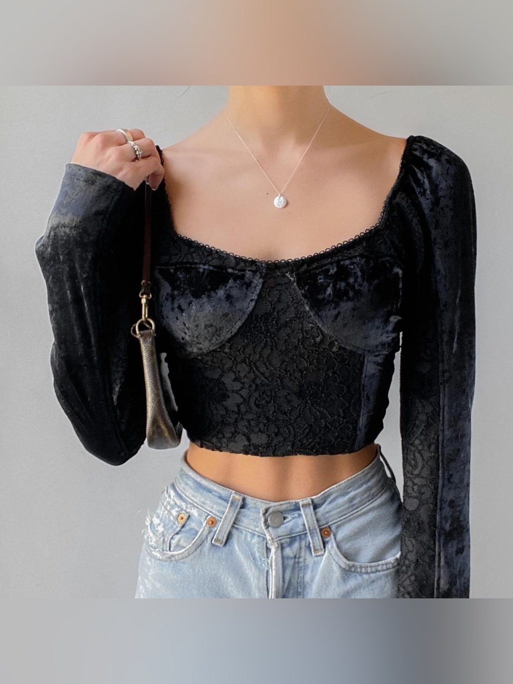 Intimately Free People Black Velvet Lace Corset Top